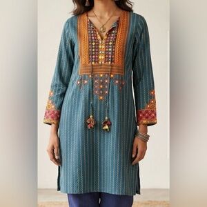 Women India Tunic Shirt Dress Kalamkari Boho Ethnic Traditional Costume Art Sz 8